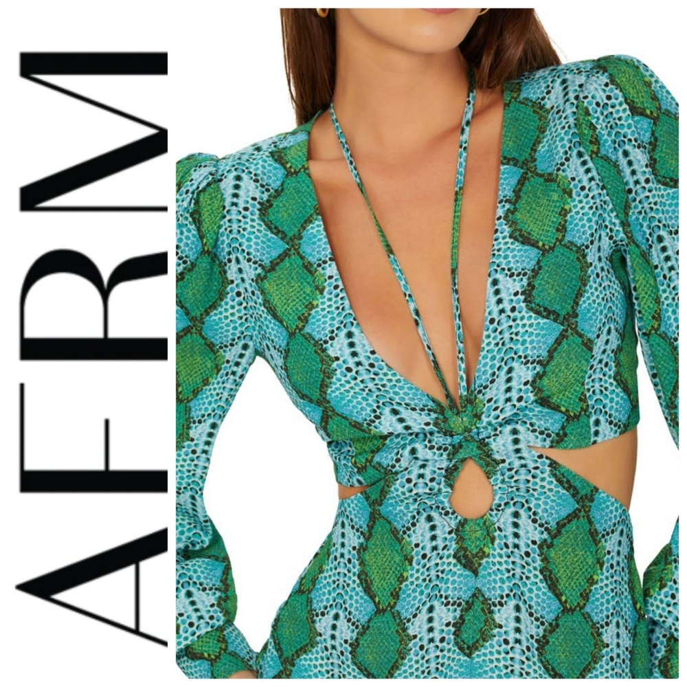 AFRM Dialli Cutout Long Sleeve Maxi Dress in Teal Snake